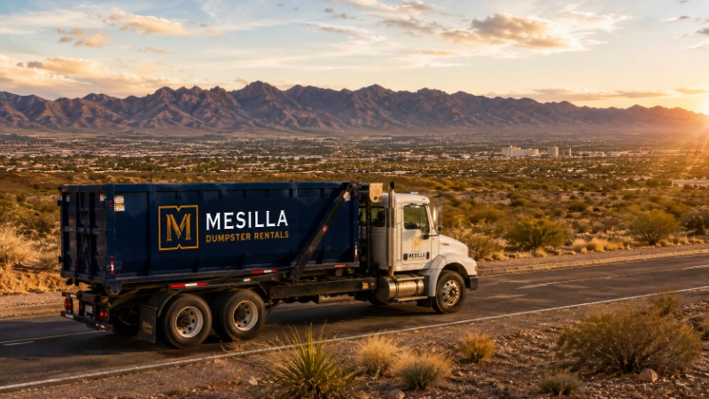 Roll-off dumpster being transported in Las Cruces New Mexico