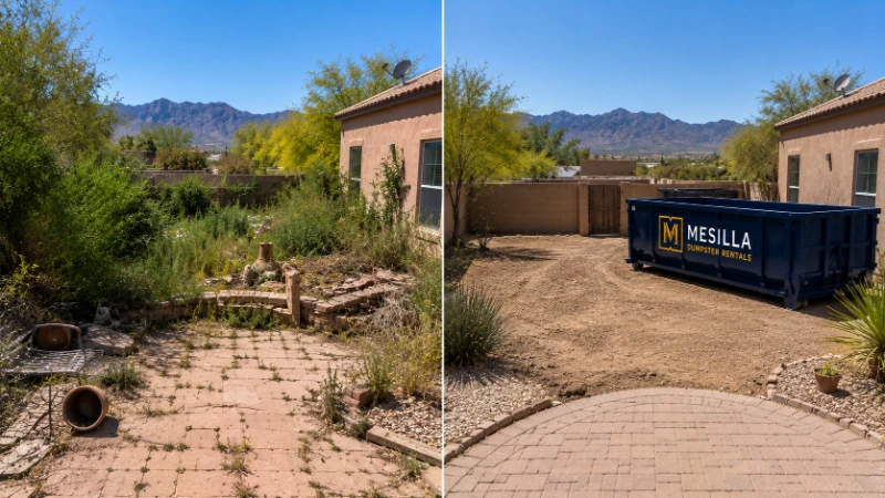 Before and after — yard and patio cleanout, Las Cruces NM roll-off dumpster rental