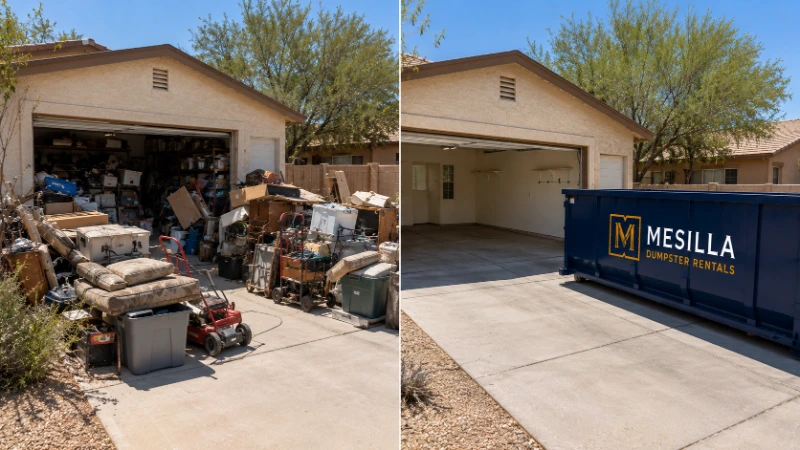 East Mesa garage cleanout before and after — Mesilla Dumpster Rentals 20-yard container